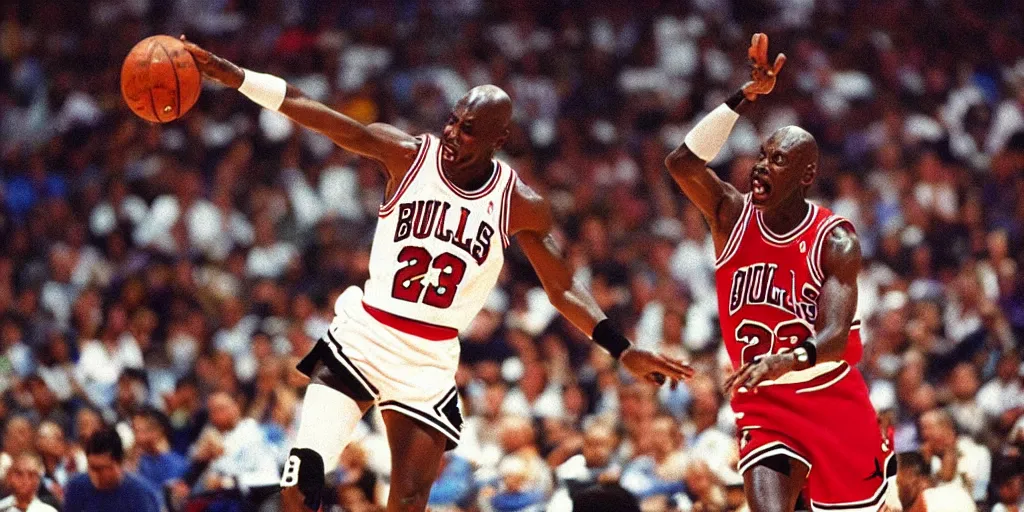 Prompt: Michael Jordan playing basketball against ghosts, 1995