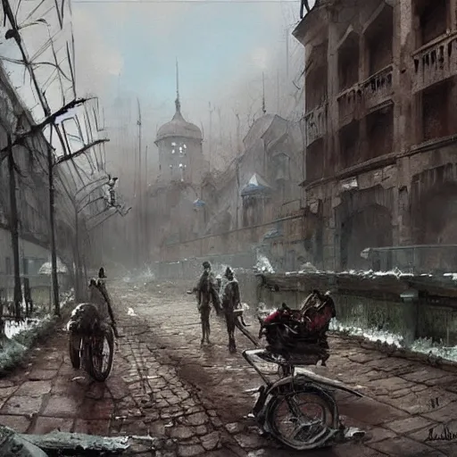 Image similar to painting by jakub rozalski of abandoned post soviet steampunk city