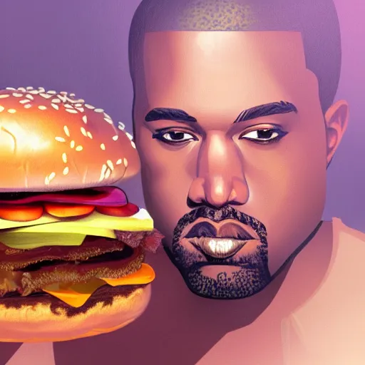 Prompt: portrait photography of Kanye West eating a giant hamburger, extra ketchup and mustard with overflowing bacon lettuce and tomato, cinematic lighting, highly detailed, feminine ethereal, D&D, hearthstone, digital painting, artstation, concept art, smooth, sharp focus, illustration, art by Terry Moore and Greg Rutkowski and Alphonse Mucha