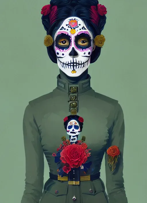 Prompt: dia de muertos portrait of a beautiful nordic woman wearing world war 1 uniform, artstation winner by victo ngai, kilian eng and by jake parker, by conrad roset, swirly vibrant color lines, winning award masterpiece, fantastically gaudy, aesthetic octane render, 8 k hd resolution