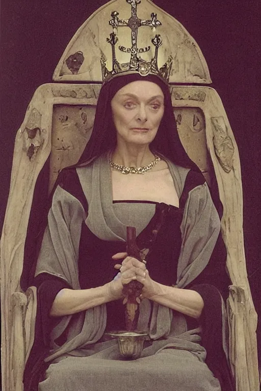 Image similar to jean marsh as medieval queen, sit on throne, bouguereau