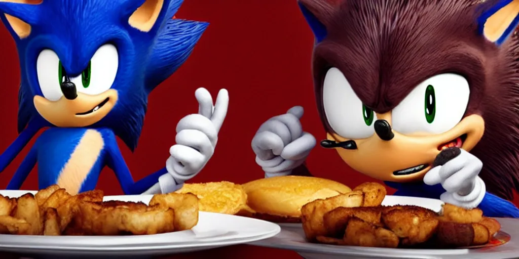 Prompt: A render of Sonic the Hedgehog sitting across from Shadow the Hedgehog at a restaurant, Sonic looks like he is shocked, Shadow is looking away in disgust, they both have hamburgers in front of them on a plate, movie, HDR, moody lighting, unique camera angle from the end of the table and between them