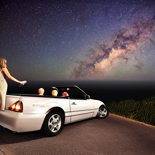 Image similar to realistic photo of man and woman in a convertible car parked near a cliff, gazing at the stars. big dipper. romantic