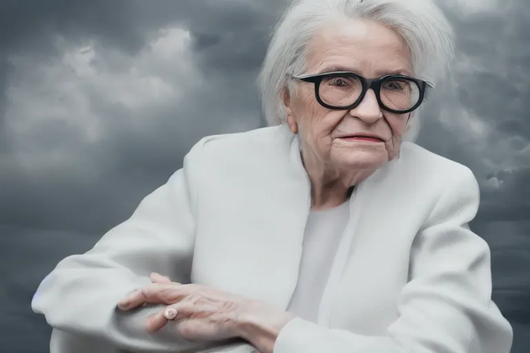 Prompt: a realistic cinematic headshot portrait of an old woman, wearing futuristic white suit in a skyscaper office, 4 k, ultra realistic, dramatic lighting, rain, clouds, fog, vogue, fashion, magazine spread, by annie leibovitz