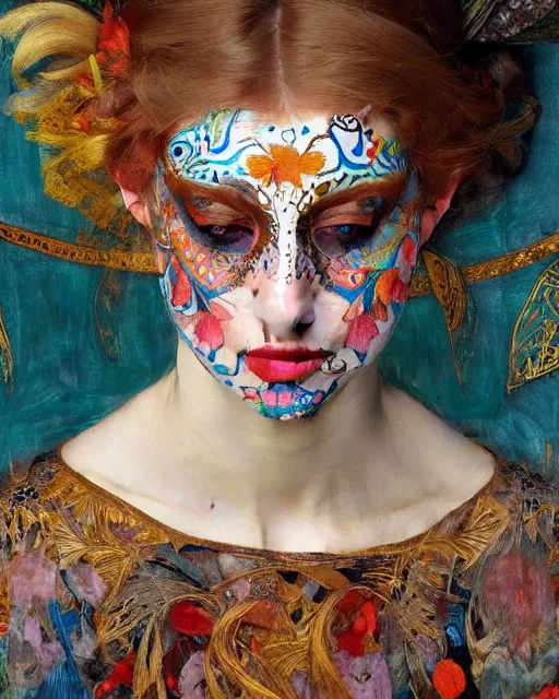 Image similar to a beautiful girl wearing colourful face paint surrounded by bright intricate patterns, by edgar maxence and caravaggio and michael whelan, intricate painting, hyper realistic, extremely detailed and beautiful aesthetic face, 8 k resolution