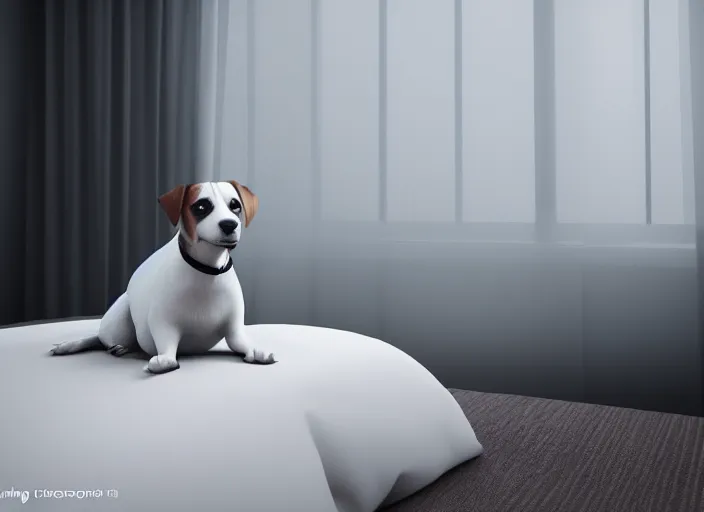 Image similar to photography of a Jack Russel watching outside the window on a bed in a 3d rendered white room, octane render, 3d, foggy, volumetric light, volumetric fog, photorealistic, unreal engine 5, award winning photo, 100mm, sharp, cloth, high res