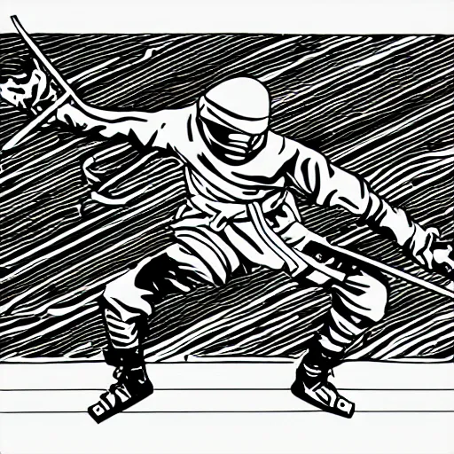 Image similar to 90s retro line drawing of a ninja with synthesizers