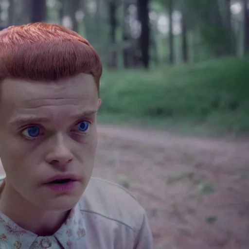 Image similar to film still of willem dafoe as Eleven in stranger things, 35mm kodachrome diffuse closeup, beauty shot, styleframe