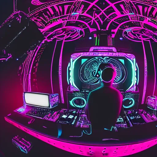 Prompt: intricate detailed artwork of a futuristic hardstyle music dj at an mainstage festival rave in the style of Sandra Pelser, VR headset, wires, speakers