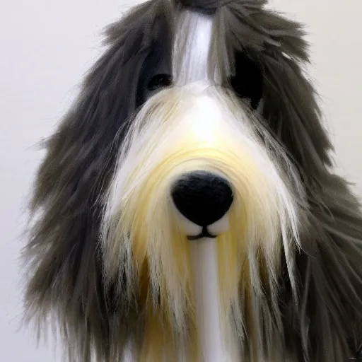 Image similar to bearded collie stuffed animal sits at the computer progrramming, cute, adorable, fluffy, digital art, UE5,