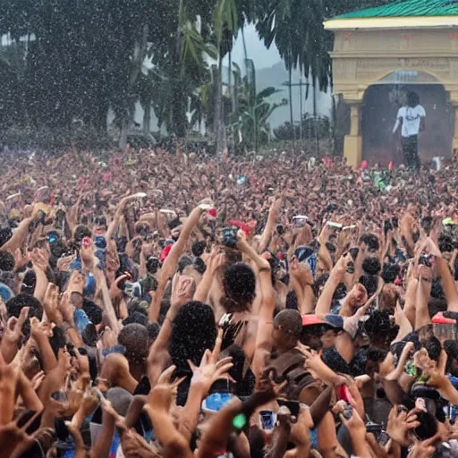 Image similar to Kanye west and Travis Scott performing while raining at plaza de bolivar in armenia quindio, daytime