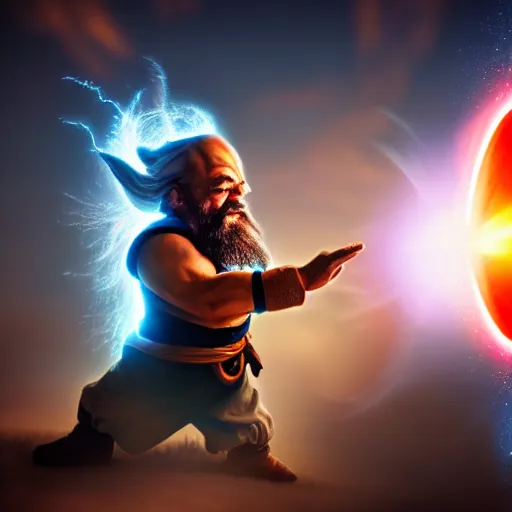 Image similar to a dwarf shooting a kamehameha blast, 4 k, hyper realistic, dslr, high resolution, landscape, beautiful