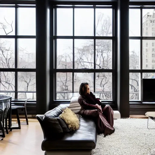 Image similar to modern loft overlooking central park in winter, snowing, fireplace roaring, woman sitting in modern leather chair looking out the window, warm lighting, blizzard outside, nyc