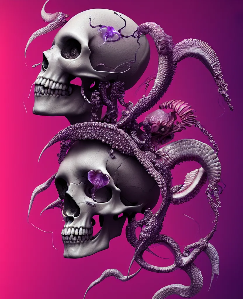 Image similar to goddess close - up portrait human skull, ram skull, squid phoenix jellyfish, orchid, betta fish, bioluminiscent, intricate artwork by tooth wu and wlop and beeple. octane render, trending on artstation, greg rutkowski very coherent symmetrical artwork. cinematic, hyper realism, high detail, octane render, 8 k