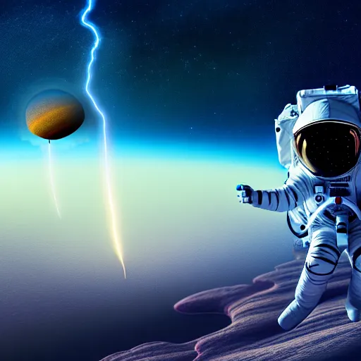 Image similar to astronaut finding a flower on an alien planet with mountains, water, strange clouds, hyper realistic, dramatic lightning, ray tracing, 8 k