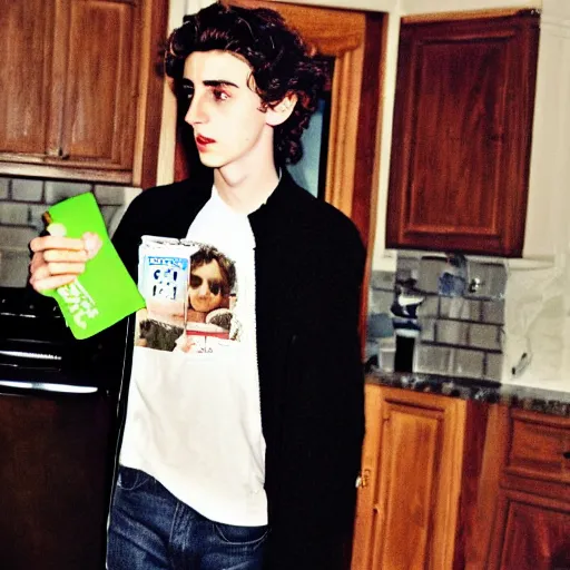 Image similar to timothee chalamet standing in my kitchen and eating a kidz bop cd, 3 5 mm photograph, cursed image, standing menacingly