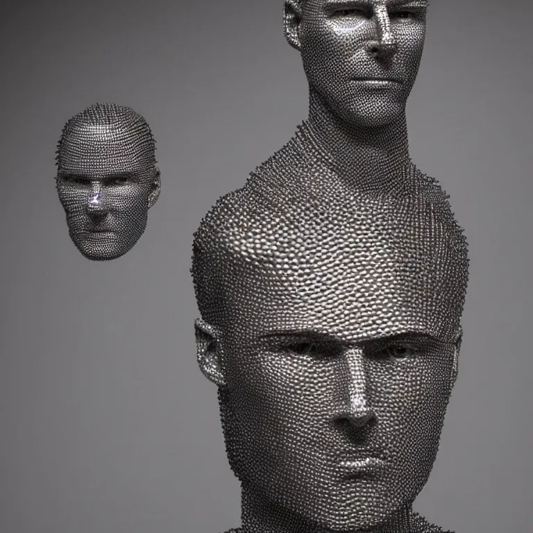 Image similar to studio photograph of hyperrealistic accurate portrait sculpture of tom cruise, beautiful symmetrical!! face accurate face detailed face realistic proportions, made of chain mail and plate armor on a pedestal by ron mueck and frank frazzetta, hyperrealism cinematic lighting shocking detail 8 k