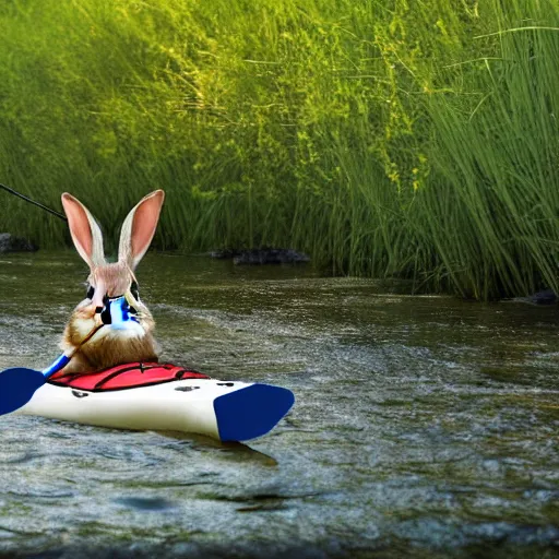 Prompt: a rabbit kayaking in a small stream, 4k photorealistic