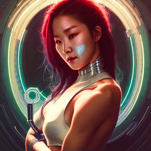 Image similar to portrait painting of hwasa as a cyberpunk technician with a halo and devil horns, ultra realistic, concept art, intricate details, eerie, highly detailed, photorealistic, octane render, 8 k, unreal engine. art by artgerm and greg rutkowski and magali villeneuve and alphonse mucha