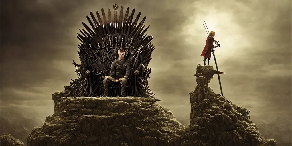 Image similar to Jack Gleeson as King Joffrey Baratheon sitting on the Iron Throne, Les Edwards, Zdzislaw Beksinski, Carl Gustav Carus, John Harris, Michal Karcz, Zhang Kechun, Mikko Lagerstedt, Scott Listfield, Steven Outram, Jessica Rossier