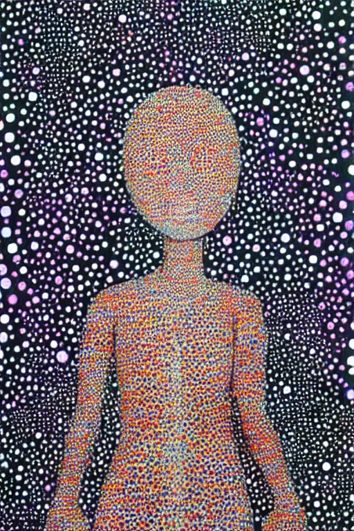 Image similar to yoshitaka amano, yayoi kusama, ethereal being woman in galaxy