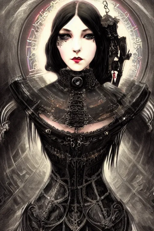 Image similar to beautiful gothic and victorian and evil and dieselpunk medieval female armor portrait like lisa blackpink+smoky eyes+front face with light flowing hair, ultradetail face, ruined gothic cathedral, art and illustration by tian zi and craig mullins and WLOP and alphonse mucha, ssci-fi, fantasy, neon lights reflect, intricate complexity, human structure, fantasy character concept, watermark, blurry, hyperrealism 8k