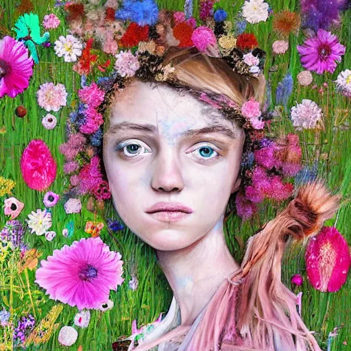 Image similar to beige by eleanor vere boyle, by bordalo ii bold, straight. a computer art of a young girl with blonde hair, blue eyes, & a pink dress. she is standing in a meadow with flowers & trees.