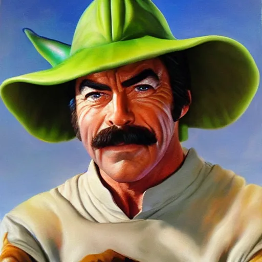 Prompt: ultra realistic portrait painting of tom selleck as yoda, art by frank frazetta, 4 k, ultra realistic, highly detailed, epic lighting