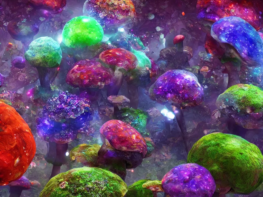 Prompt: vivid colored mushrooms overgrown on an asteroid in deep space, cryengine, deep color, hyperrealistic, ultradetailed, atmospheric crystal dust