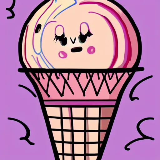 Image similar to cute wobbly eyes mouth pink ice cream, blue waffle cone, 2 0 2 2 intricate concept art, line drawing