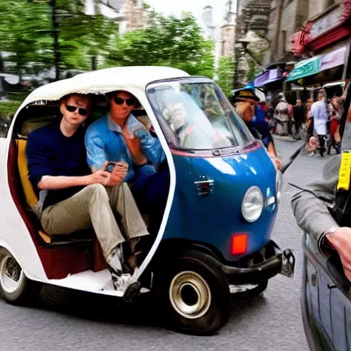 Image similar to photo of daniel radcliffe and tom cruise in a tuk tuk