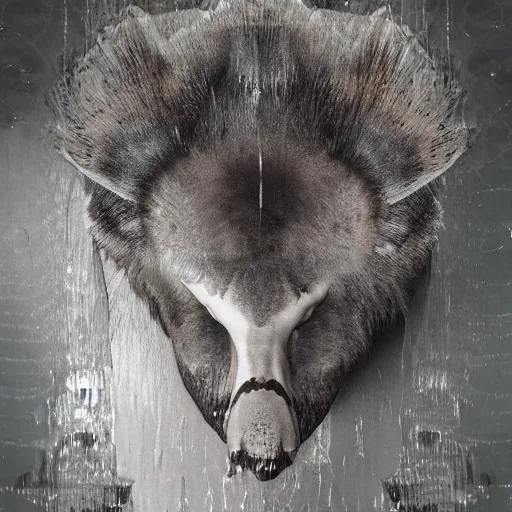 Image similar to a portrait photo of a merged bird wolf morphing human watching mirror in a mirror in animal skin leather, grown together mirror reflection with spotted fur gills reflecting orca rhino scales, merged mirror reflection wires electronic ivy roots, morphing water drippings ice