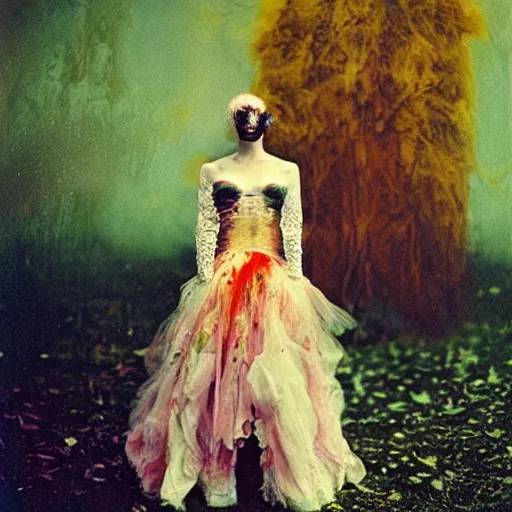 Image similar to damaged kodak portra 4 0 0, wetplate, photo of a surreal artsy dream scene,, very beautiful model, weird fashion, grotesque, extravagant dress, strange pose, carneval, with an animal, wtf, photographed by paolo roversi style