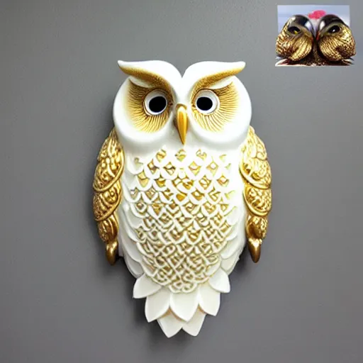 Prompt: gorgeous ornated snow white porcelain realistic detailed sacred owl wall decoration with golden filigree carved out of ivory