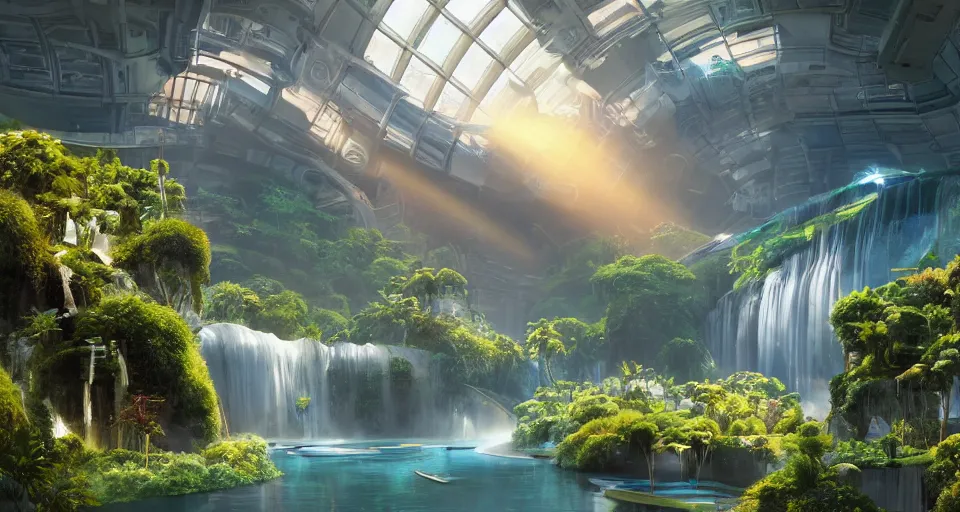 Prompt: futuristic shopping mall with waterfalls inside a massive space station with manicured topiaries, ilm, beeple, star citizen halo, mass effect, 2001 space odyssey, elysium, warm saturated colours, atmospheric perspective, dramatic sunset, volumetric light scattering, dustlight, god rays, dust