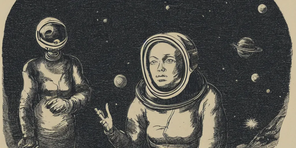 Image similar to portrait of a slim woman wearing a space helmet on an alien planet, clouds visible, stars in the sky, mountains, etching, in the style of Goya