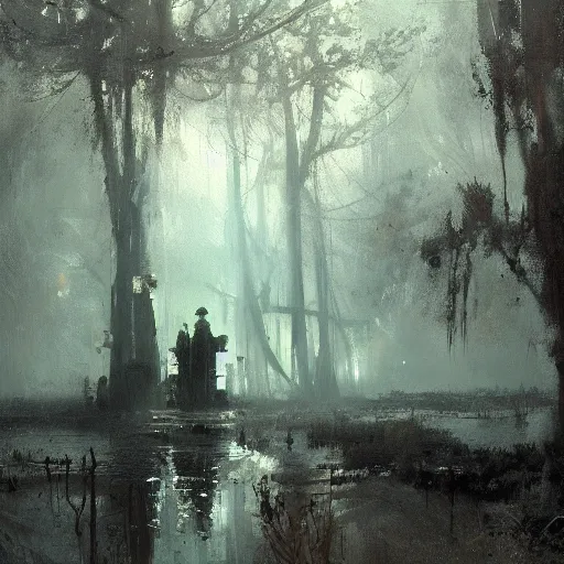 Prompt: of an intricate murky microscopic swamp with strange cute pudgy creatures with huge eyes, long tongue and big nose appearing from the waters, in the style of jeremy mann painting