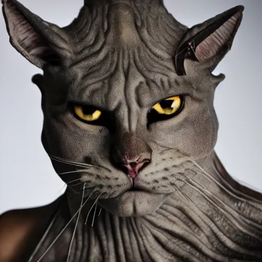 Prompt: medieval fantasy head and shoulders portrait photo of a raging anthropomorphic hairless cat barbarian, photo by philip - daniel ducasse and yasuhiro wakabayashi and jody rogac and roger deakins