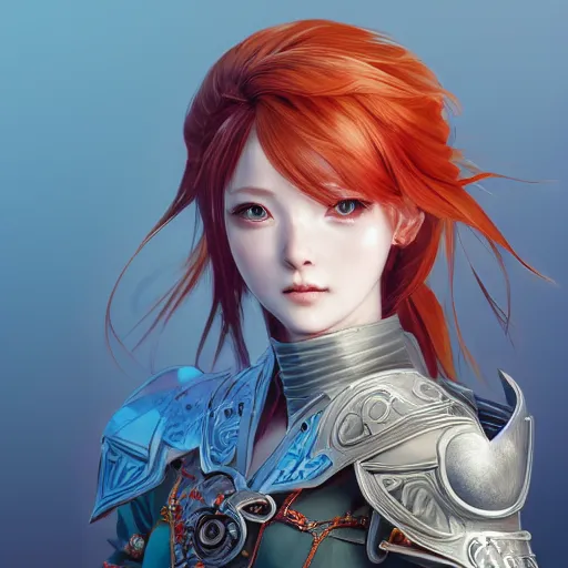 Image similar to a red haired female knight as an absurdly beautiful, elegant, young sensual anime girl, blue background, ultrafine hyperrealistic detailed face illustration by kim jung gi, irakli nadar, intricate linework, sharp focus, bright colors, matte, octopath traveler, final fantasy, unreal engine highly rendered, global illumination, radiant light, intricate environment