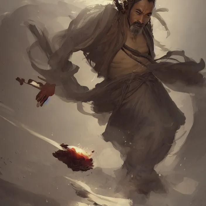 Prompt: taoist monk, ancient, full body, oriental, aerodynamic, slick, sage, wisdom, hd, digital art, concept art, art station, by greg rutkowski, by james gurney