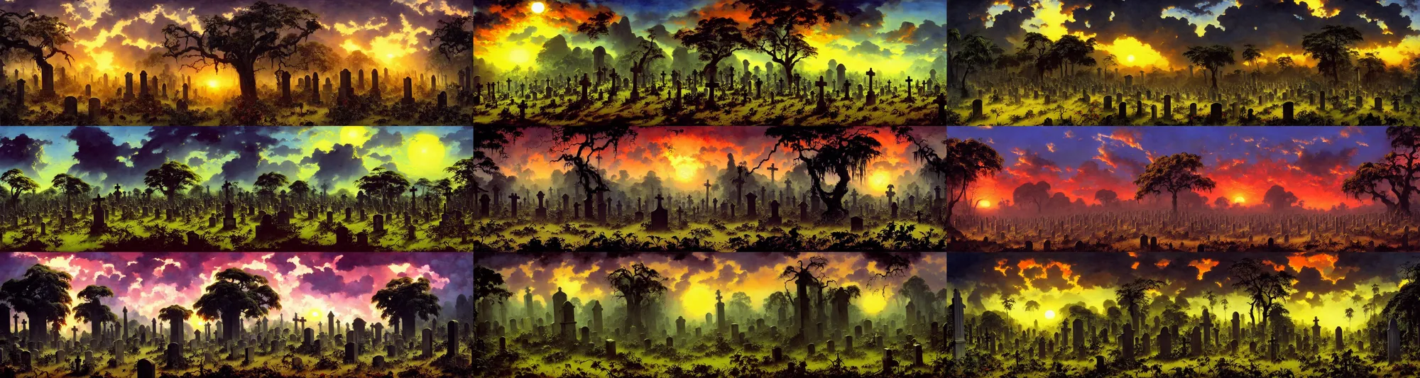 Prompt: jungle vines, big graveyard gravestones, dramatic sky, ground broken, backlight, dramatic sunrise, oil painting landscape by frazetta