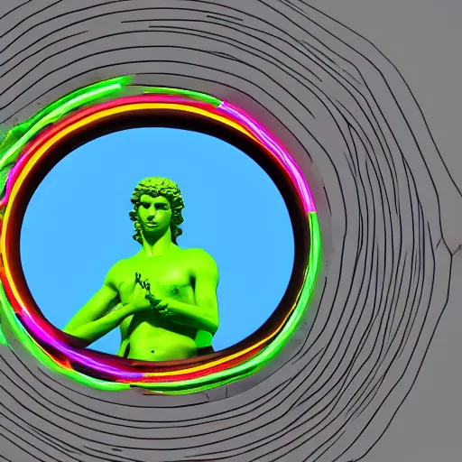 Image similar to a 3 d render of a neon ring around the statue of david statue, in the style of michelangelo