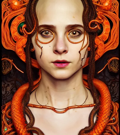 Image similar to portrait of teenage medusa, bald, raised eyebrow, wicked smile, black snakes cover her head, wearing an embroidered orange tunic, intricate, elegant, copper and emerald jewelry, glowing lights, highly detailed, digital painting, artstation, concept art, smooth, sharp focus, illustration, art by wlop, mucha, artgerm, and greg rutkowski