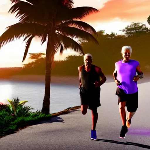 Image similar to morgan freeman and johnny depp running on a treadmill on a tropical island purple with a sunset, 4k hyperrealistic