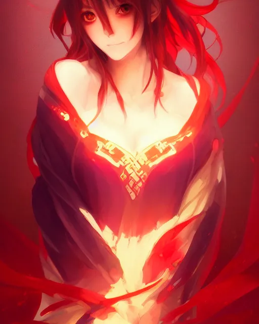 Prompt: beautiful anime girl, lake, red, flames everywhere, highly detailed, digital painting, artstation, concept art, smooth, sharp focus, illustration, art by artgerm and greg rutkowski and alphonse mucha