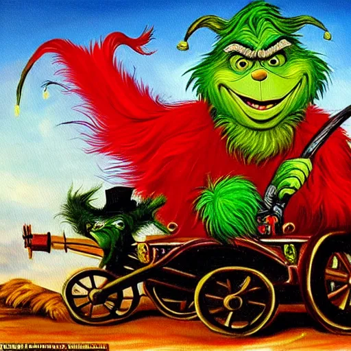 Image similar to a painting of the grinch dressed as a highwayman robbing a stagecoach