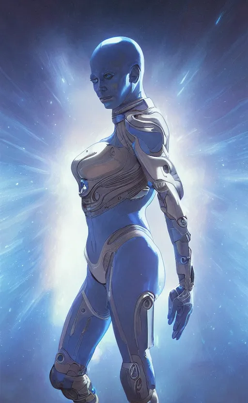 Image similar to portrait of a blue alien wearing a tight and smooth space suit, intimidating, intricate, headshot, highly detailed, digital painting, artstation, concept art, sharp focus, cinematic lighting, illustration, art by artgerm and greg rutkowski, alphonse mucha, cgsociety