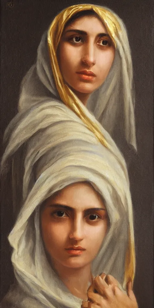 Image similar to romantic period style atmospheric oil painting of a middle eastern woman with intense eyes, wearing a golden veil