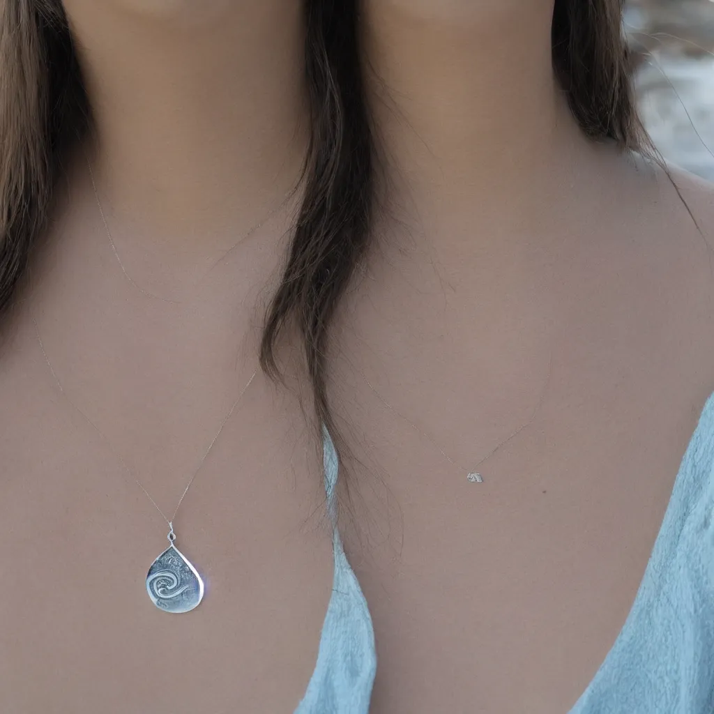 Image similar to Amulet Of Wave inlaid in silver, on a young beautiful woman neck, realistic, clean,