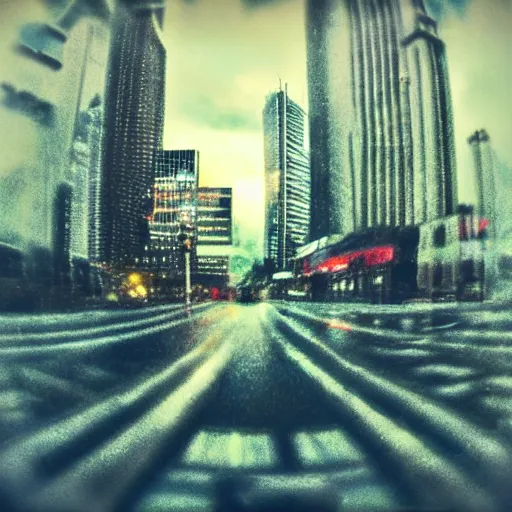 Prompt: A cityscape view using a fish-eyed lens from the Heavy Metal movie. Rainy day. Dusk.